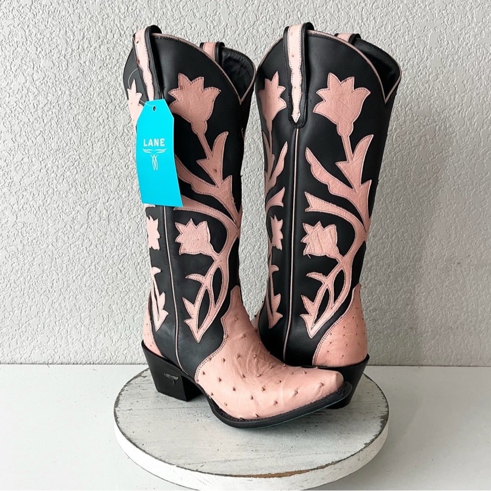 Lane Jolene Ostrich Boots pink and black 7 - Picture 2 of 12